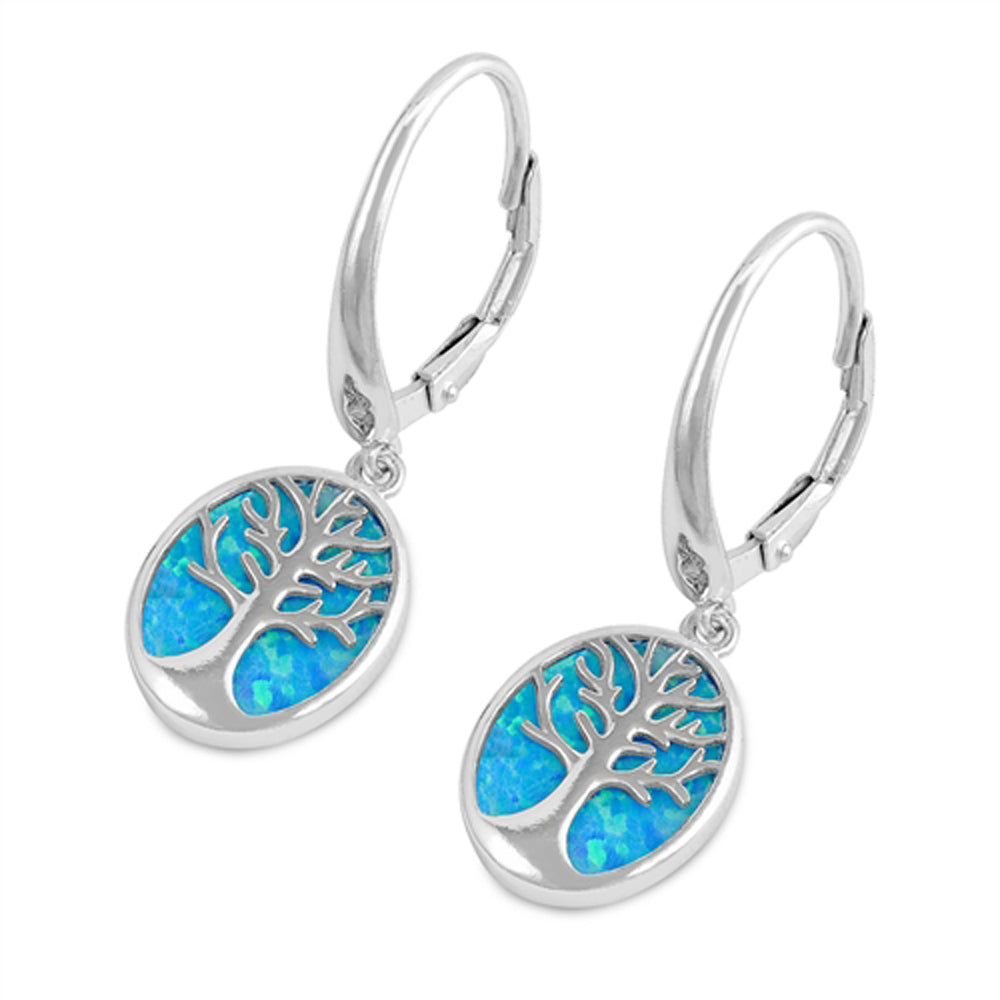Sterling Silver Tree of Life Oval Modern Oval Earrings Blue Synthetic Opal 925