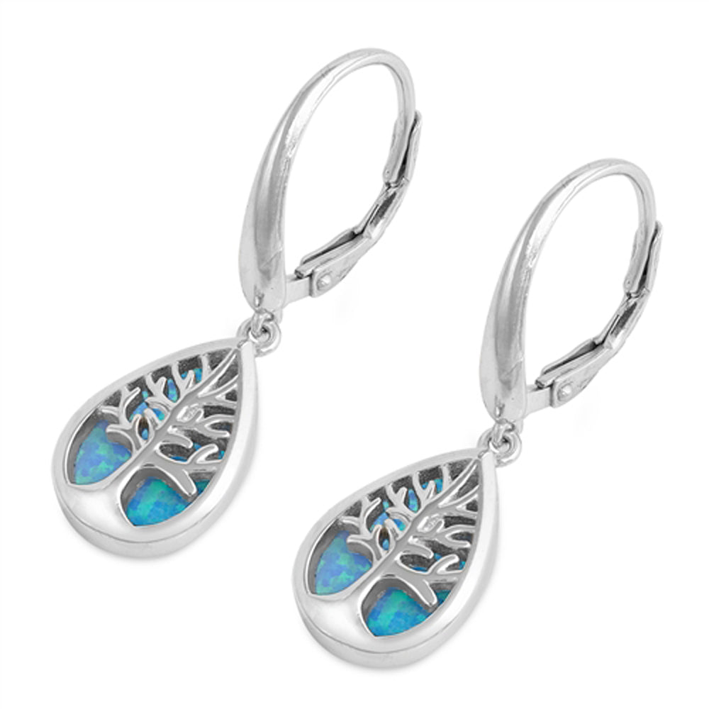 Sterling Silver Polished Tree of Life Cutout Teardrop Earrings Blue Synthetic Opal