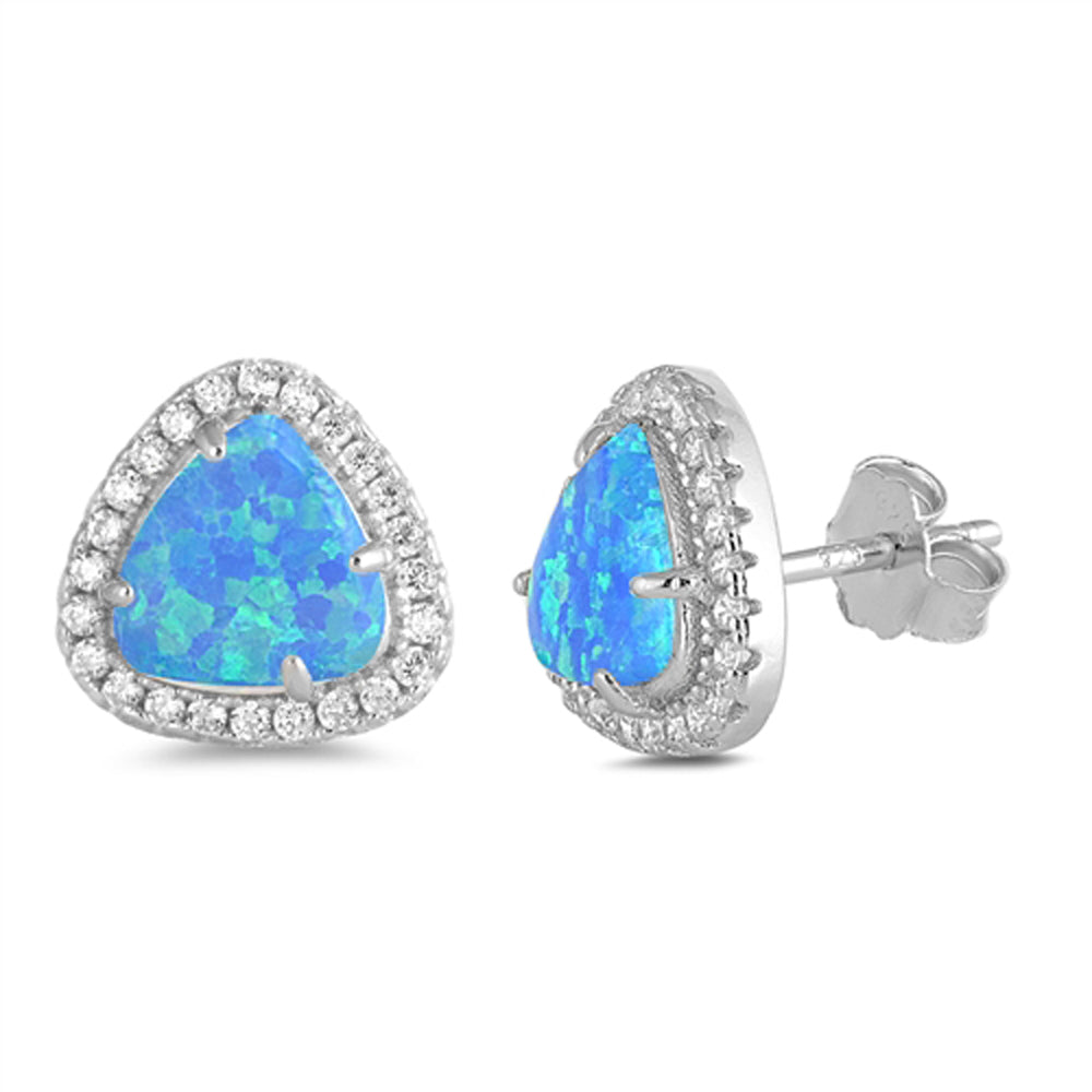 Sterling Silver Rounded Triangle Halo Earrings Blue Synthetic Opal Clear CZ 925