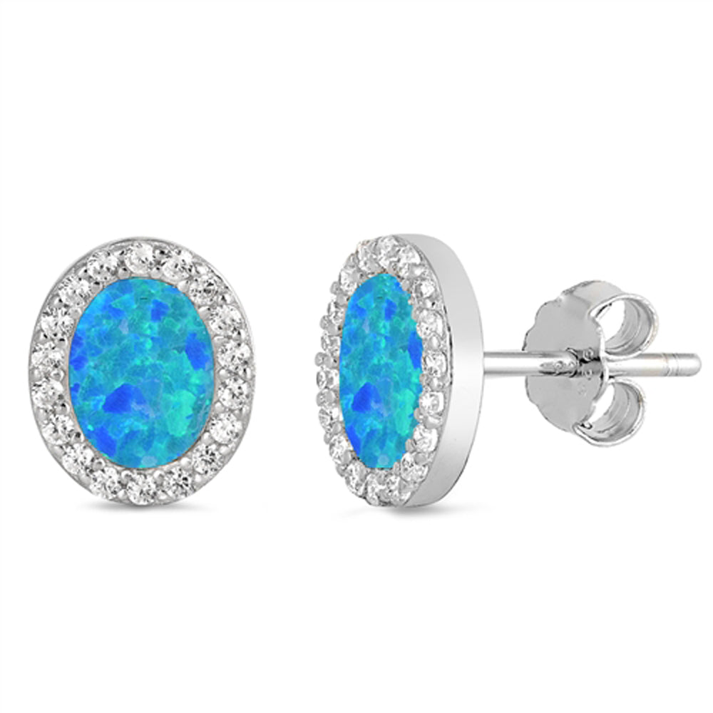 Sterling Silver Elegant Oval Studded Halo Classic Earrings Blue Synthetic Opal