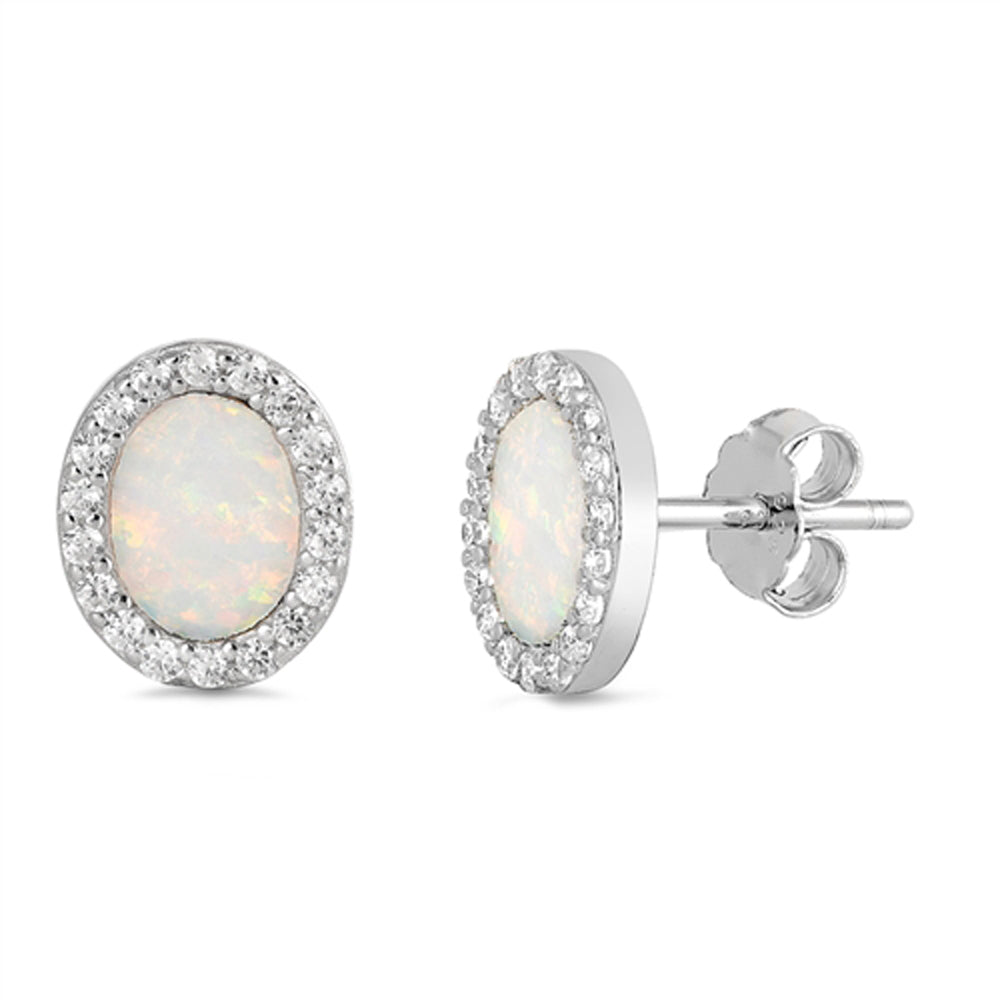 Sterling Silver Classic Oval Elegant Cluster Halo Earrings White Synthetic Opal