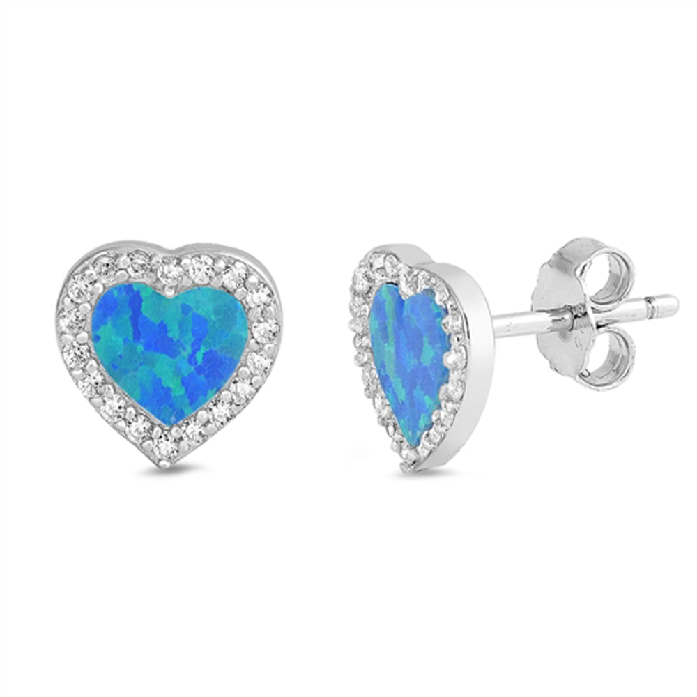 Sterling Silver Heart Simple Halo Love Earrings Blue Synthetic Opal Clear CZ 925
