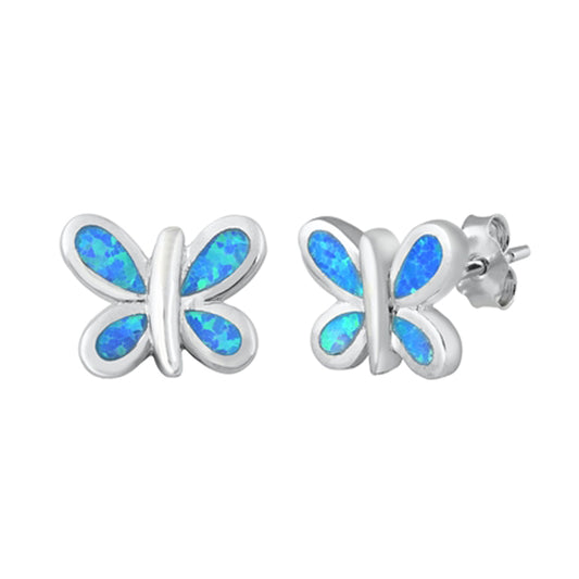 Sterling Silver Butterfly Animal Cute High Polish Earrings Blue Synthetic Opal