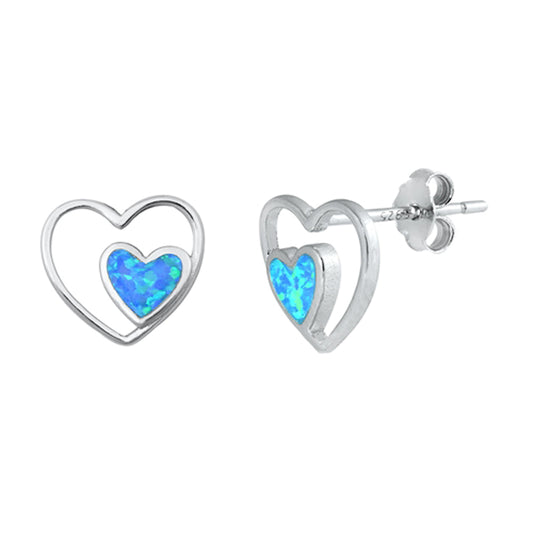 Sterling Silver Promise Heart Outline Love Cute Earrings Blue Synthetic Opal 925