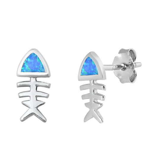 Sterling Silver Dead Fish Skeleton Bones Animal Earrings Blue Synthetic Opal 925