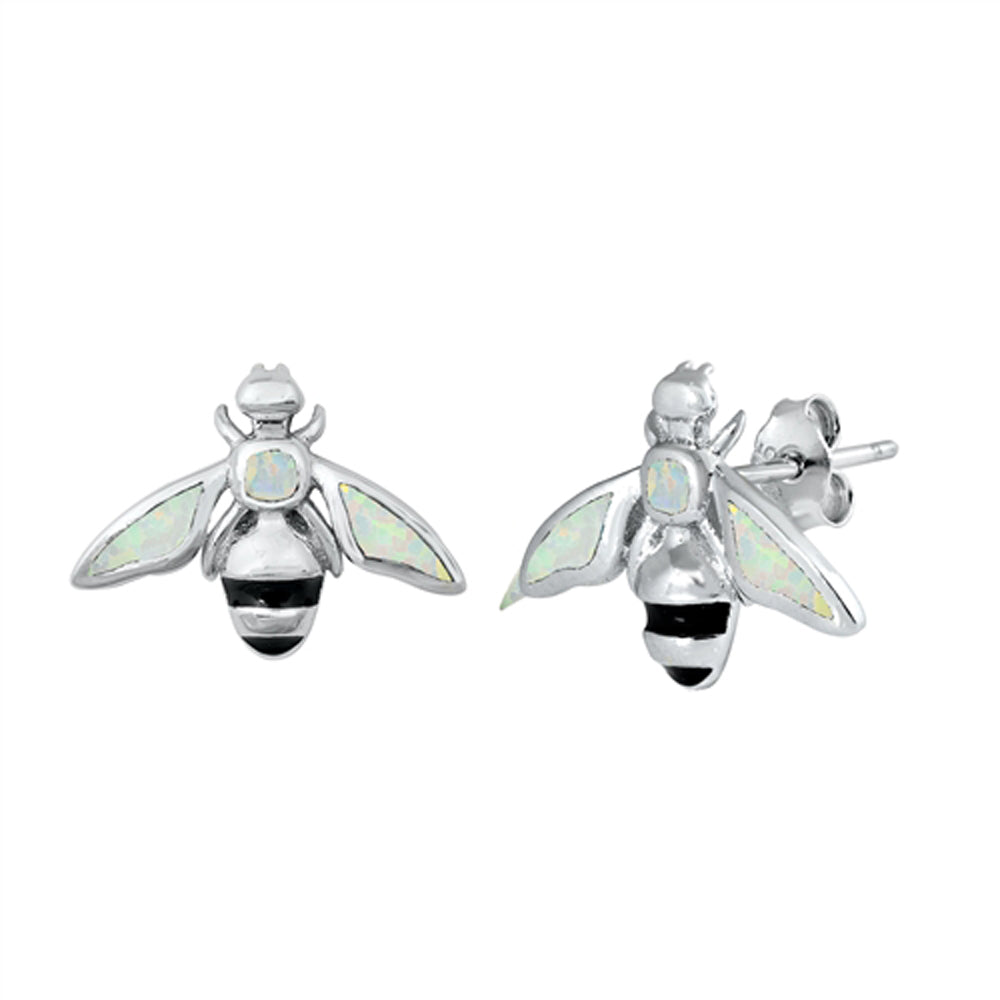 Sterling Silver Bumble Bee Animal Insect Bug Earrings White Synthetic Opal 925