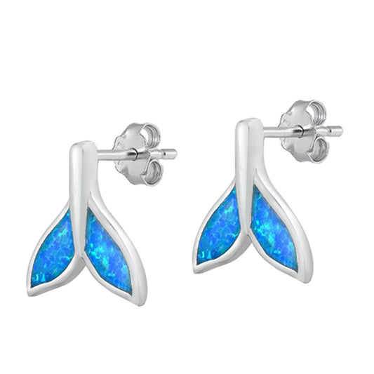 Sterling Silver Whale Tail Ocean Swim Mermaid Earrings Blue Synthetic Opal 925