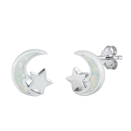 Sterling Silver Crescent Moon Star High Polish Earrings White Synthetic Opal 925