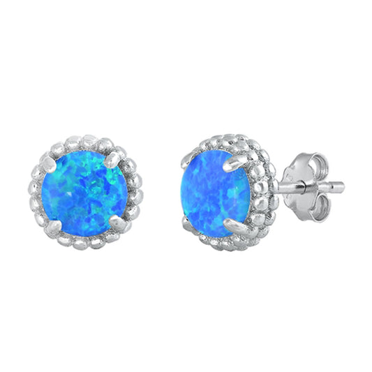 Sterling Silver Cute Bead Halo Scalloped Edge Earrings Blue Synthetic Opal 925