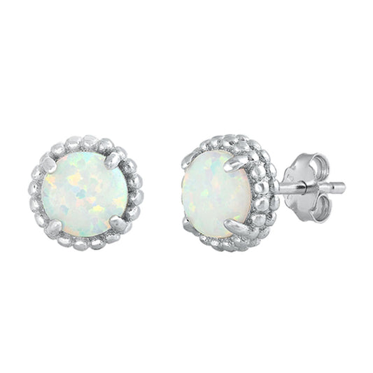 Sterling Silver Simple Circle Scalloped Edge Earrings White Synthetic Opal 925