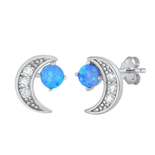 Sterling Silver Crescent Moon Space Night Sky Earrings Blue Synthetic Opal 925