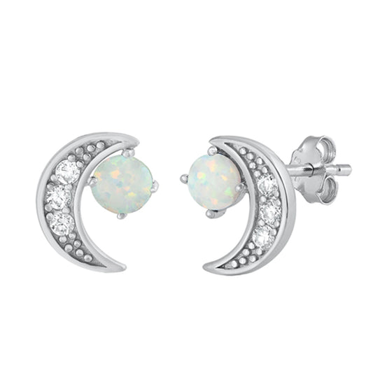 Sterling Silver Crescent Moon Studded Earrings White Synthetic Opal Clear CZ 925
