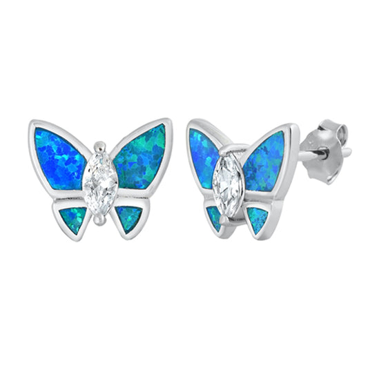 Sterling Silver Elegant Butterfly Garden Nature Earrings Blue Synthetic Opal 925