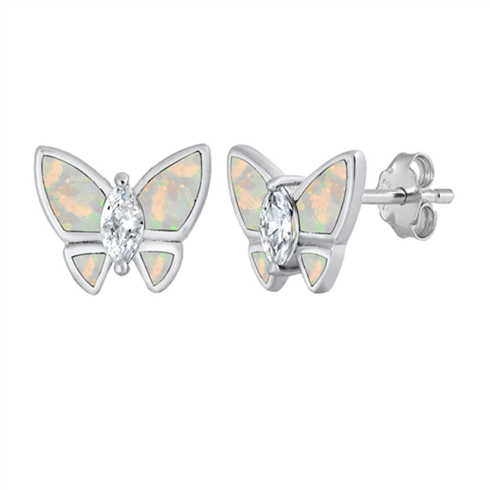 Sterling Silver Butterfly Cute Nature Garden Earrings White Synthetic Opal 925