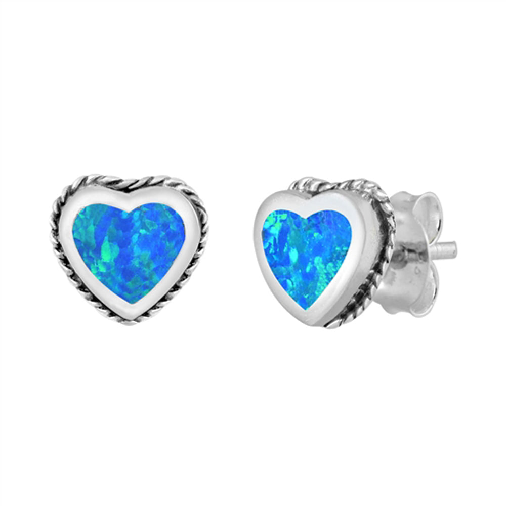 Sterling Silver Boho Cute Heart Love Rope Halo Earrings Blue Synthetic Opal 925