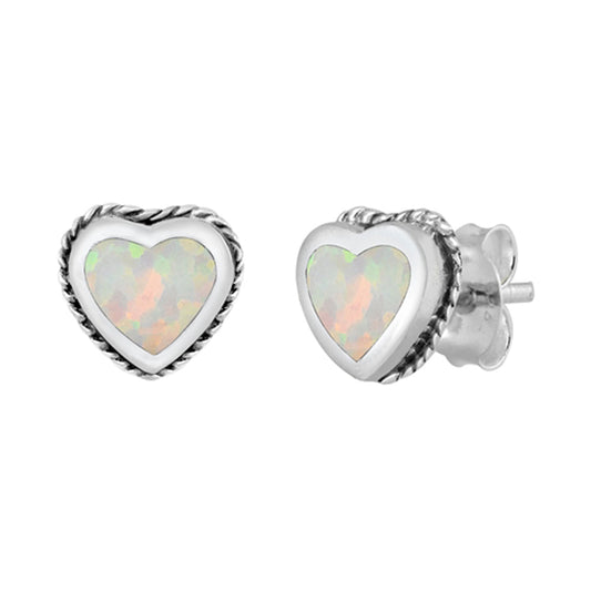 Sterling Silver Promise Heart Love Rope Halo Love Earrings White Synthetic Opal
