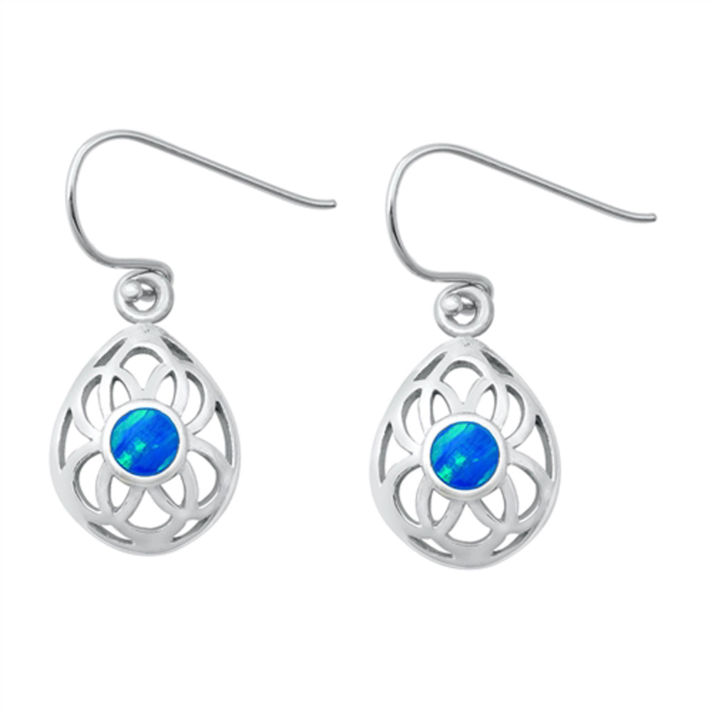 Sterling Silver Cutout Flower Drop Dangle Modern Earrings Blue Synthetic Opal