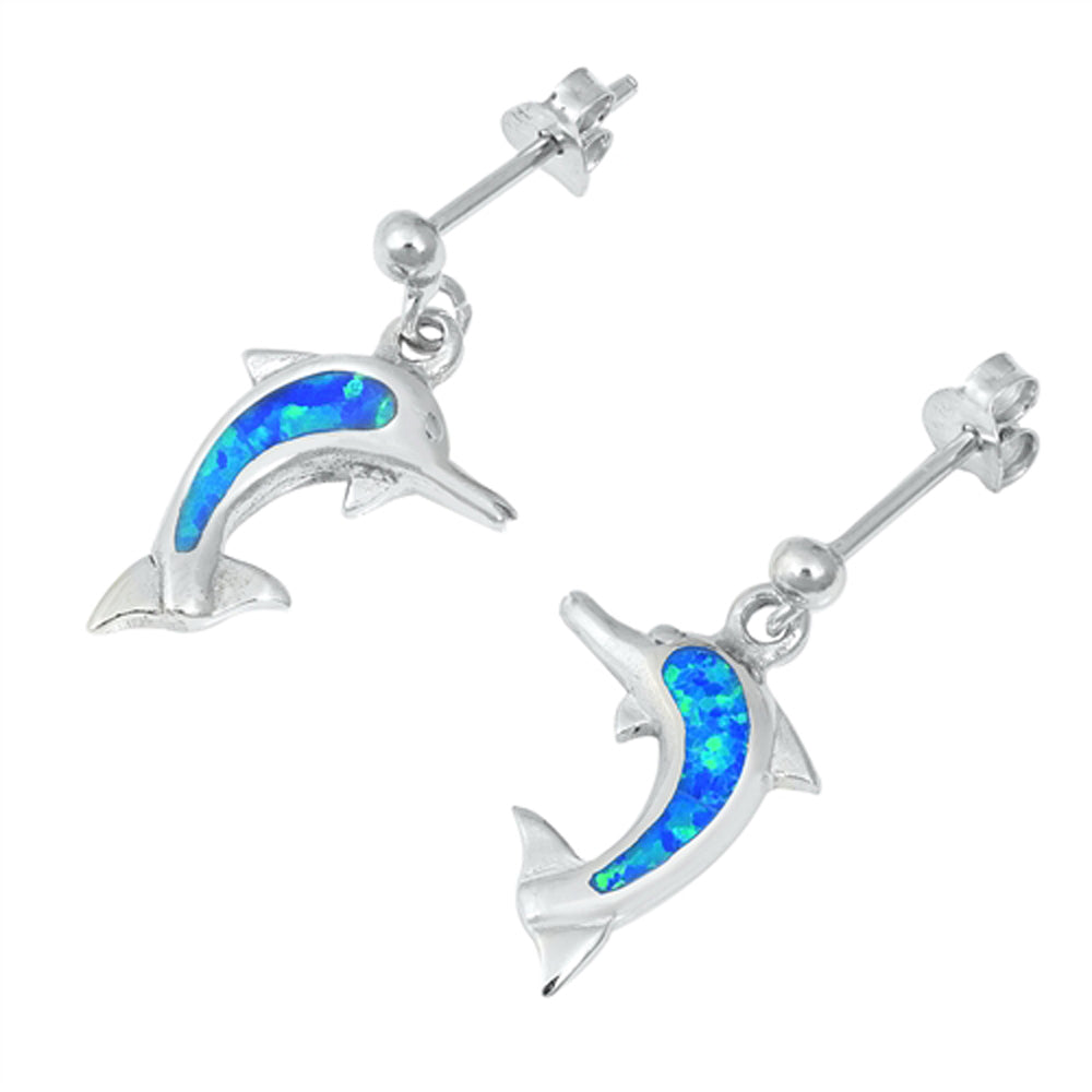 Sterling Silver Cute Dolphin Dangle Ocean Beach Earrings Blue Synthetic Opal 925