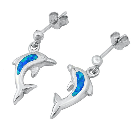 Sterling Silver Cute Dolphin Animal Ocean Beach Earrings Blue Synthetic Opal 925