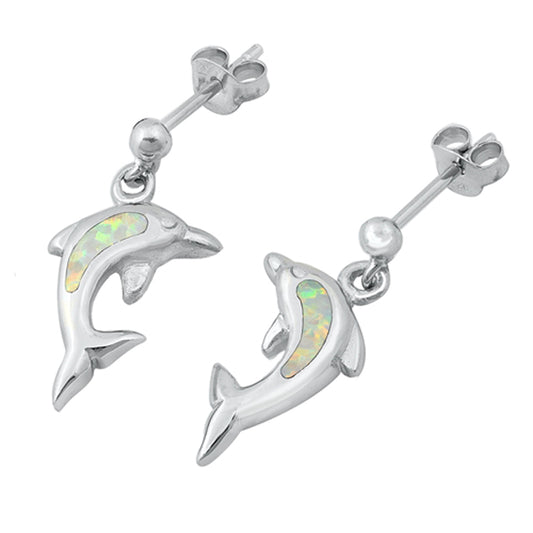 Sterling Silver Cute Dolphin Ocean Swim Dangle Earrings White Synthetic Opal 925