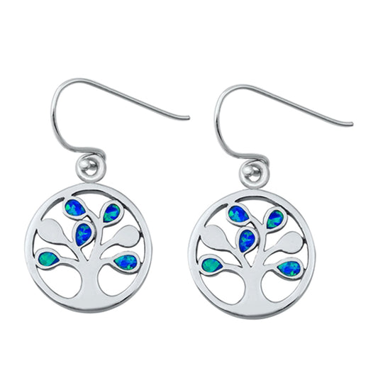 Sterling Silver Tree of Life Teardrop Leaf Round Earrings Blue Synthetic Opal