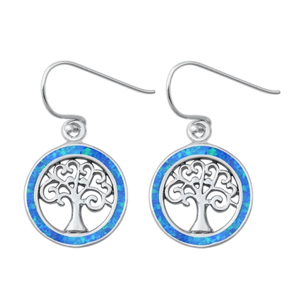 Sterling Silver Tree of Life Swirl Open Round Earrings Blue Synthetic Opal 925