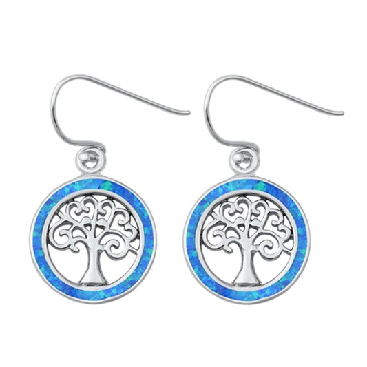 Sterling Silver Tree of Life Swirl Open Round Earrings Blue Synthetic Opal 925