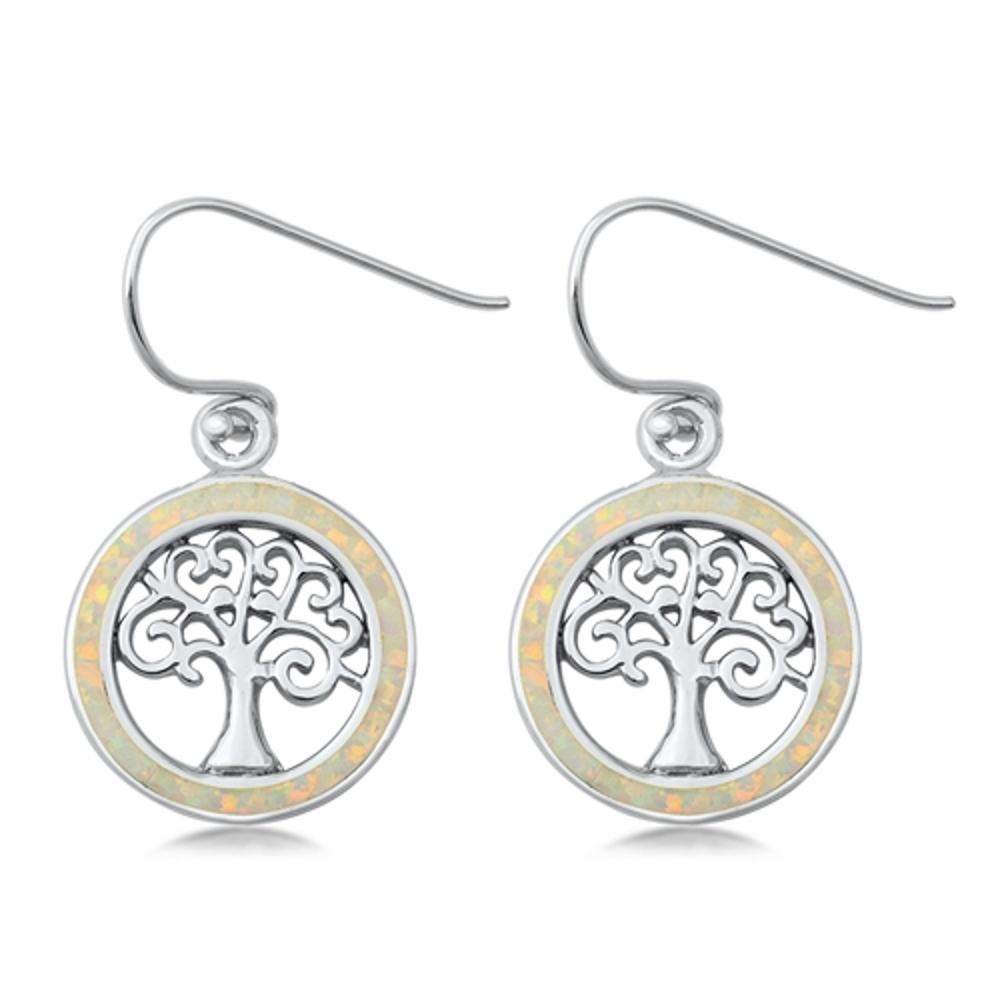 Sterling Silver Tree of Life Circle Dangle Open Earrings White Synthetic Opal