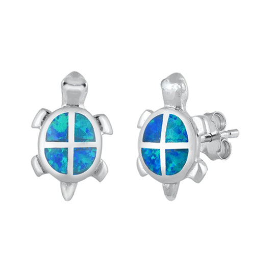 Sterling Silver Cute Turtle Ocean Beach Tropical Earrings Blue Synthetic Opal