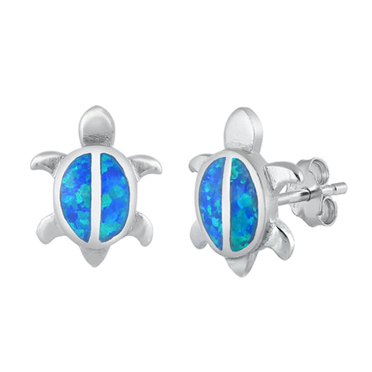 Sterling Silver Cute Turtle Animal Ocean Beach Earrings Blue Synthetic Opal 925