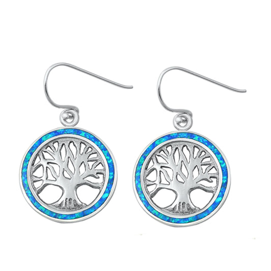 Sterling Silver Family Tree of Life Medallion Round Earrings Blue Synthetic Opal