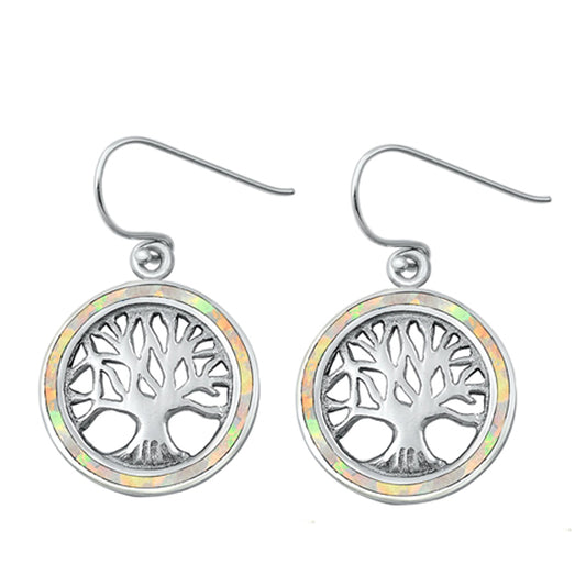 Sterling Silver Tree of Life Round Medallion Earrings White Synthetic Opal 925