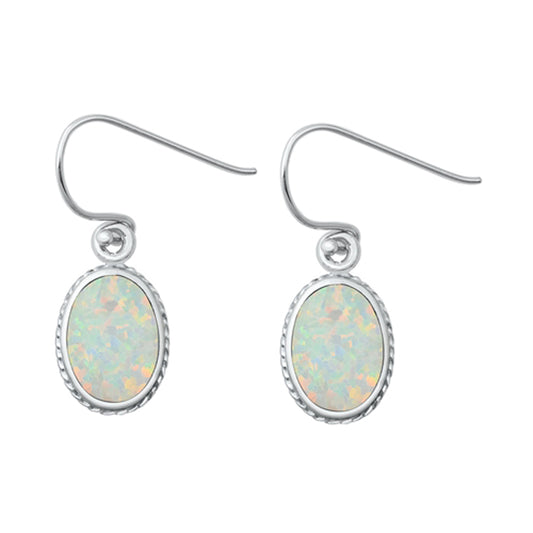 Sterling Silver Simple Oval Rope Halo Drop Dangle Earrings White Synthetic Opal