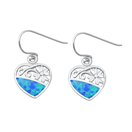 Sterling Silver Cute Promise Heart Swirl Flower Earrings Blue Synthetic Opal 925