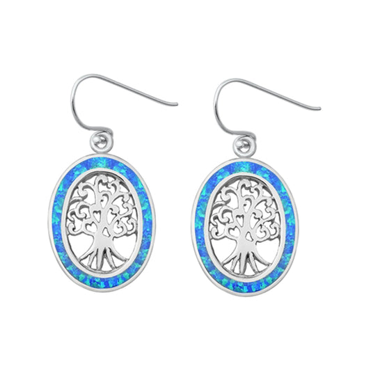 Sterling Silver Tree of Life Oval Nature Heart Earrings Blue Synthetic Opal 925