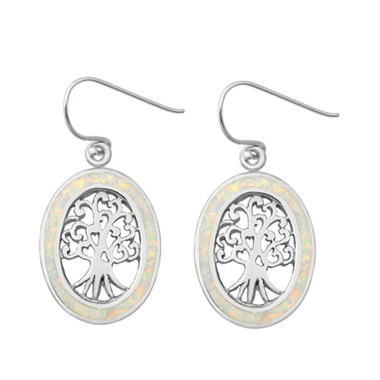 Sterling Silver Oval Tree of Life Swirl Branch Earrings White Synthetic Opal 925