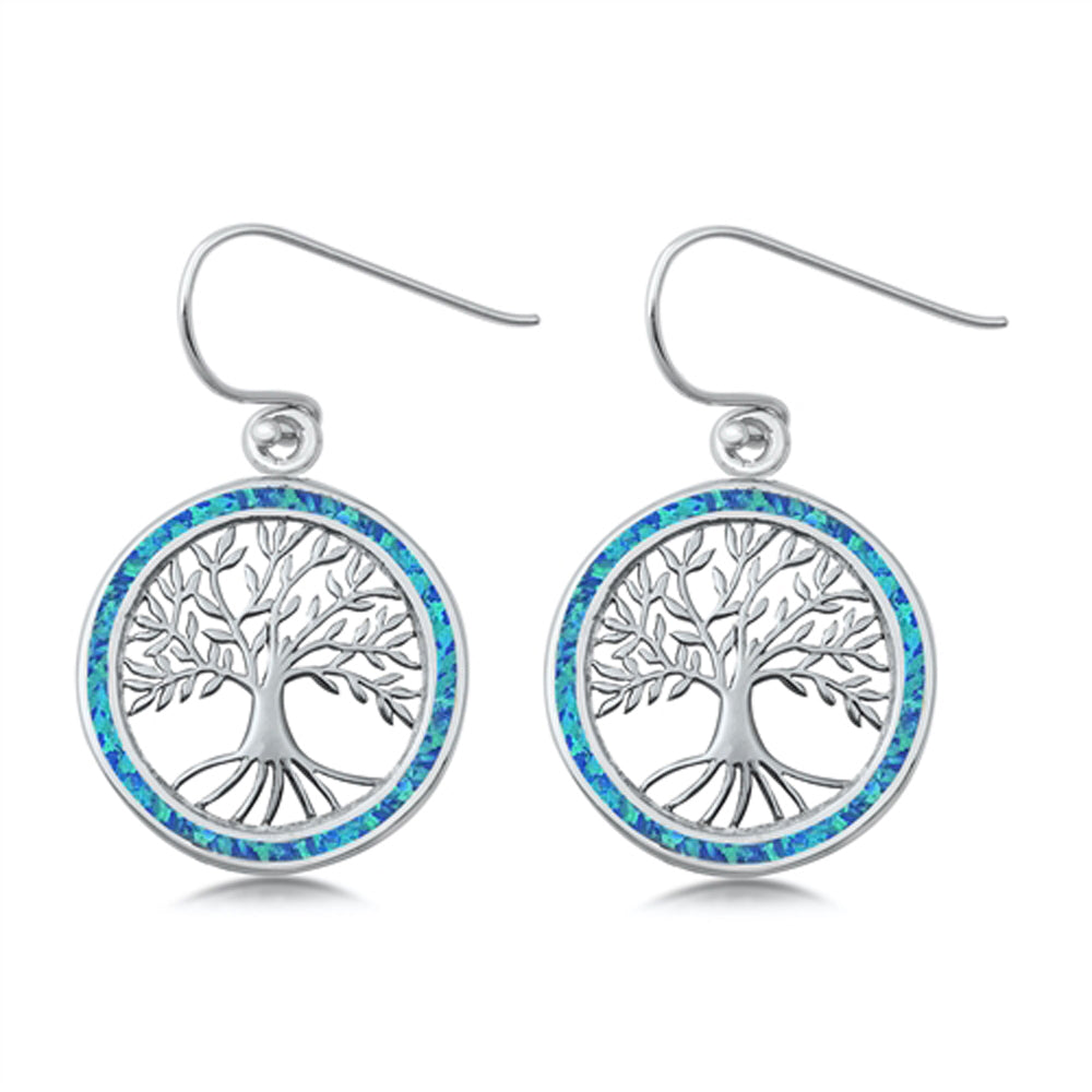 Sterling Silver Tree of Life Round Nature Earrings Blue Synthetic Opal 925 New