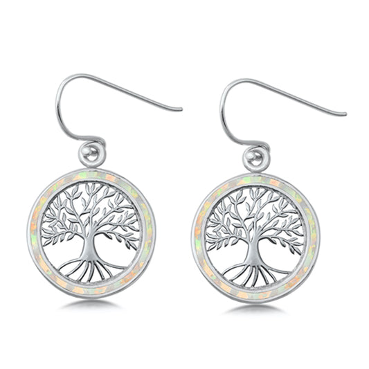 Sterling Silver Tree of Life Nature Round Earrings White Synthetic Opal 925 New