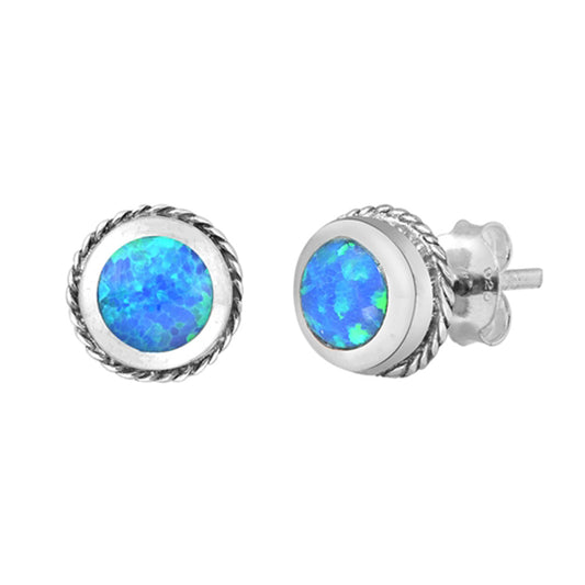 Sterling Silver Rope Halo Circle Boho Simple Earrings Blue Synthetic Opal 925
