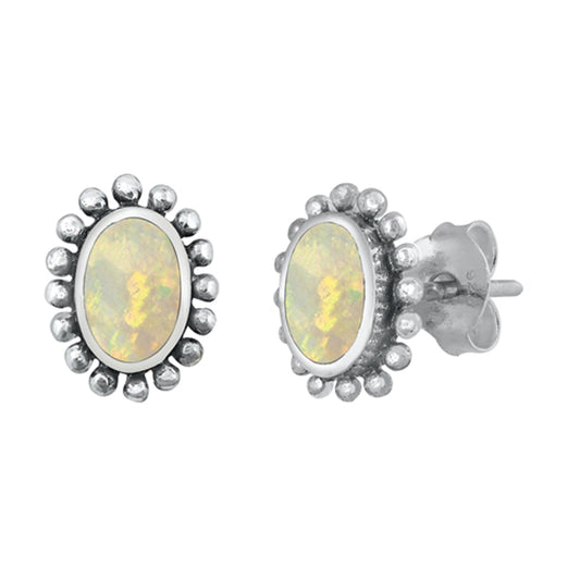 Sterling Silver Oval Flower Cute Bali Style Earrings White Synthetic Opal 925