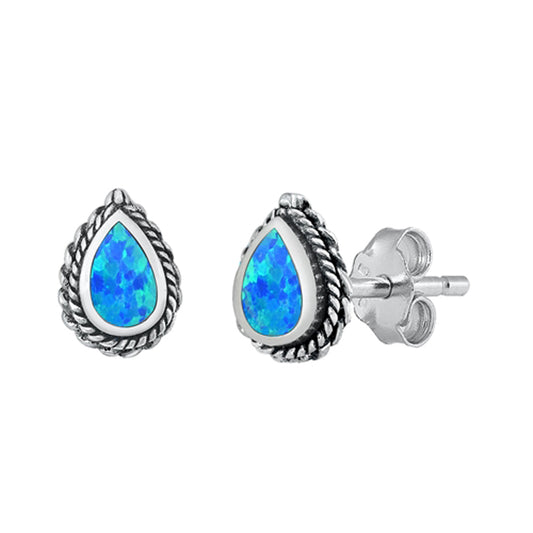 Sterling Silver Bali Style Teardrop Rain Water Boho Earrings Blue Synthetic Opal