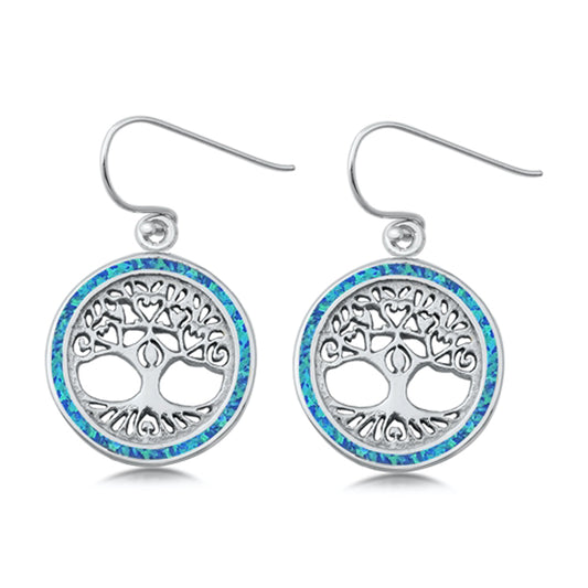 Sterling Silver Round Tree of Life Open Nature Earrings Blue Synthetic Opal 925