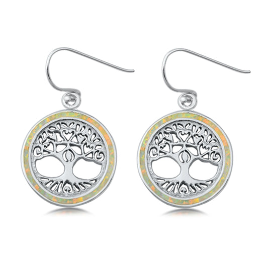 Sterling Silver Tree of Life Medallion Pendant Earrings White Synthetic Opal 925
