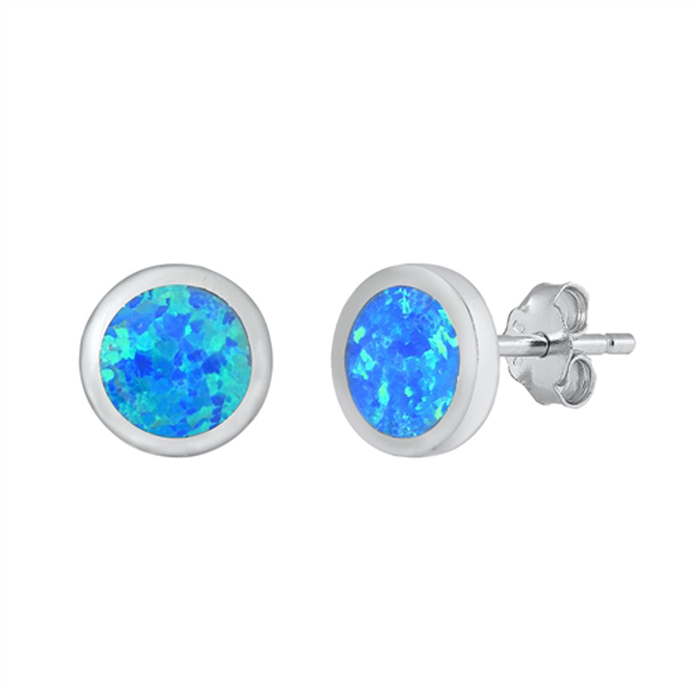 Sterling Silver Simple Circle Round Classic Earrings Blue Synthetic Opal 925 New
