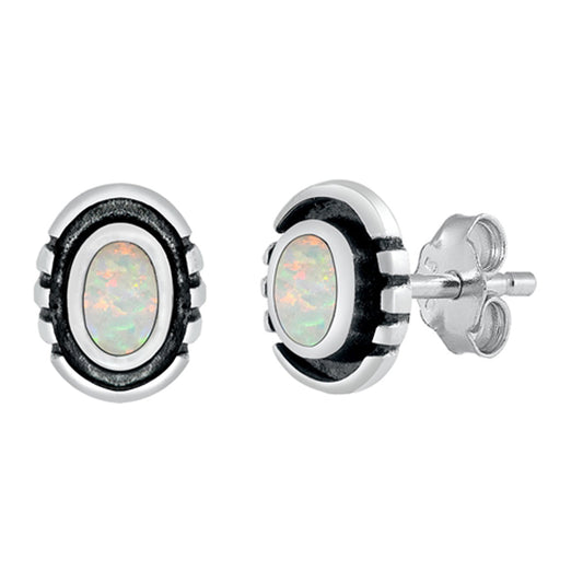 Sterling Silver Bali Style Oval Boho Simple Earrings White Synthetic Opal 925