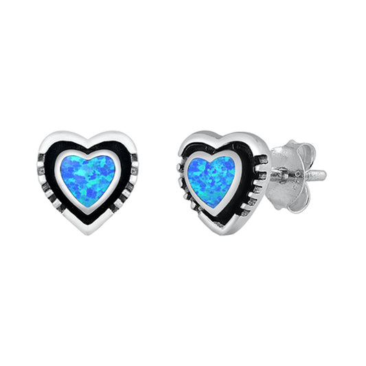 Sterling Silver Bali Style Heart Love Promise Cute Earrings Blue Synthetic Opal