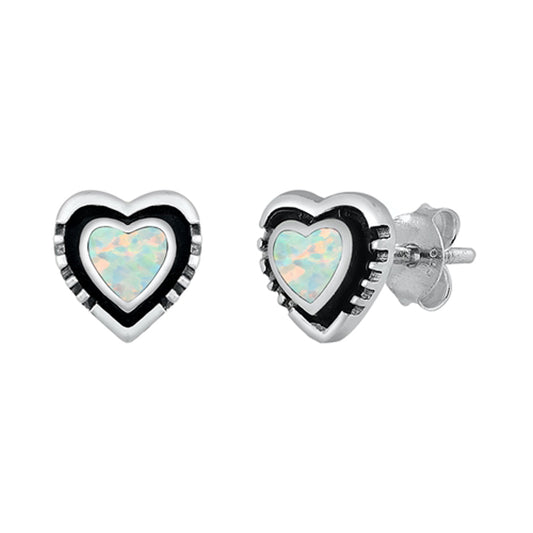 Sterling Silver Bali Style Heart Promise Love Earrings White Synthetic Opal 925