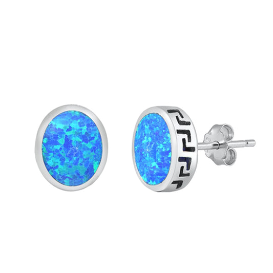 Sterling Silver High Polish Oval Greek Key Fashion Earrings Blue Synthetic Opal