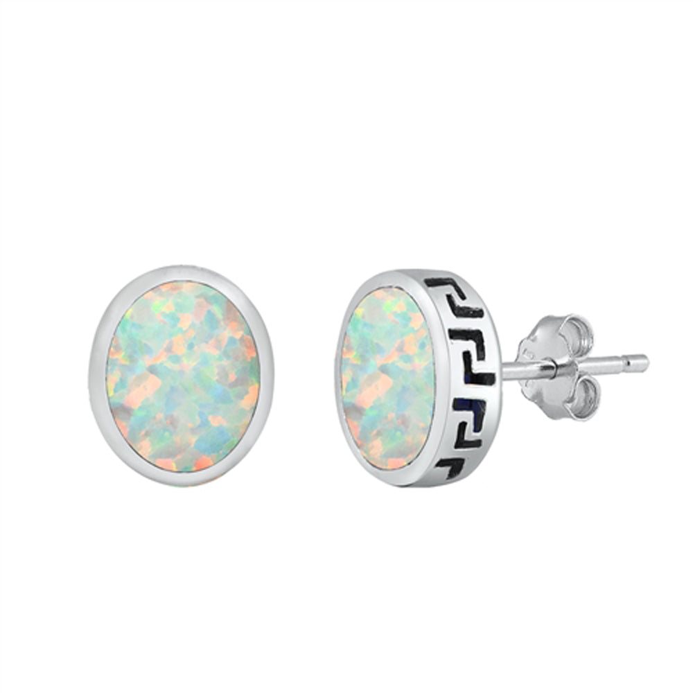 Sterling Silver Oval High Polish Greek Key Open Earrings White Synthetic Opal