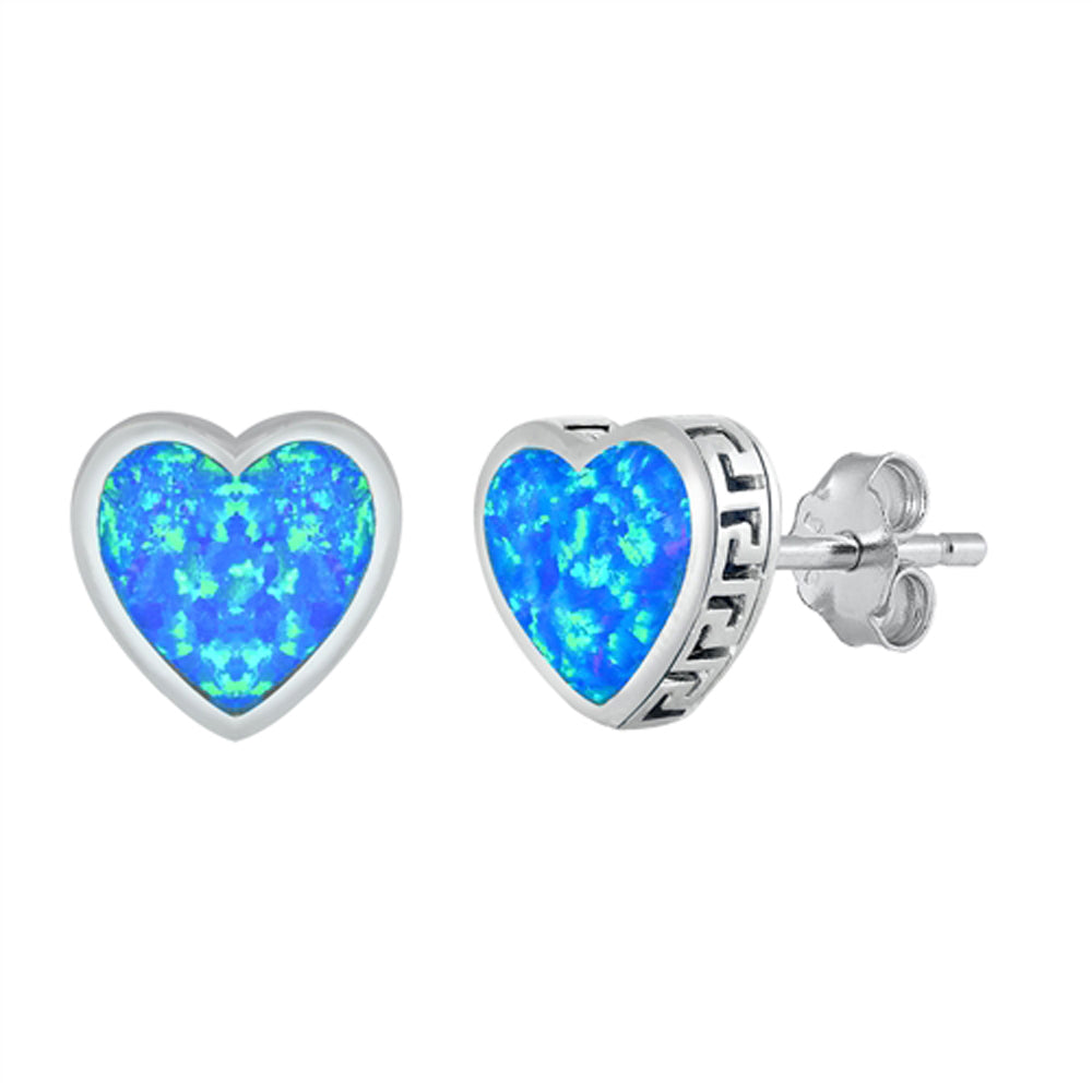Sterling Silver Cute Heart Greek Key Love Promise Earrings Blue Synthetic Opal
